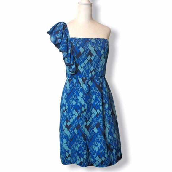 GIANNI BINI - Size 4 Blue Carmella Diamond Print One Shoulder Ruffle Dress - Picture 1 of 12